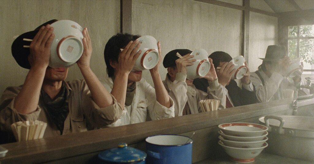 In unison, five of the main characters drink the broth of their noodle soups.