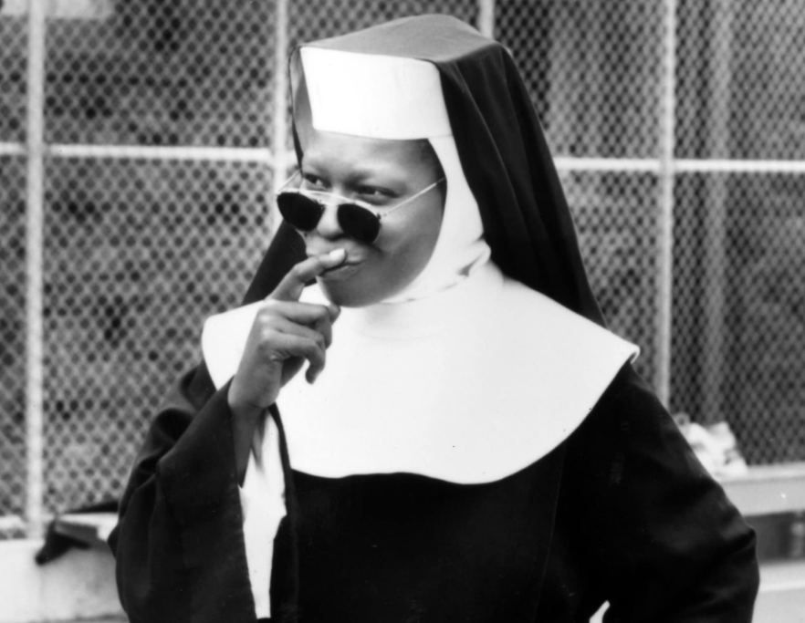 A lounge singer, in witness protection, pretends to be a nun while wearing sunglasses