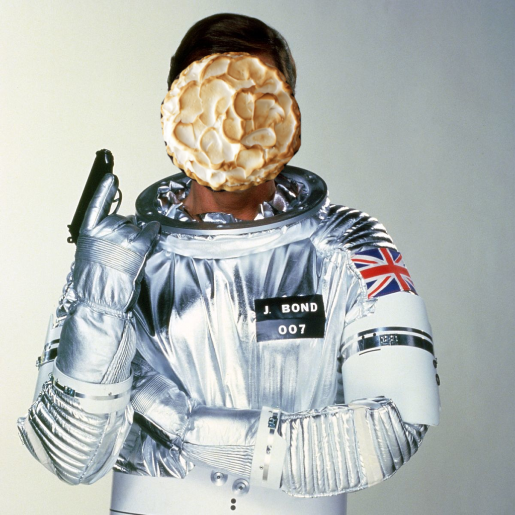 An astronaut has a meringue pie for a head and is holding a small-caliber pistol with his arms crossed